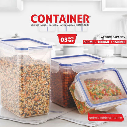 5827 Rectangle Abs Airtight Food Storage Containers With Leak Proof Locking Lid Storage Container Set Of 3 Pc (Approx Capacity 500ml1000ml1500ml Transparent) - Zidbik