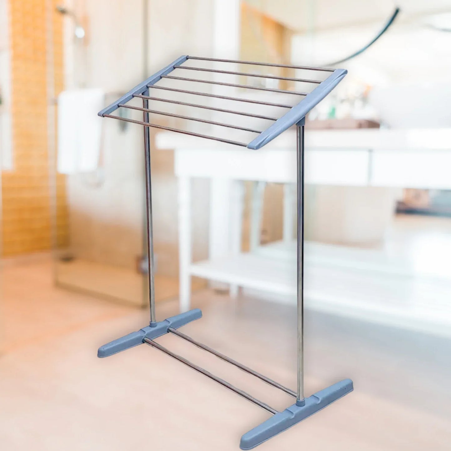 8724 Multi-functional Single Tier Mobile Towel Foldable Rack For Cloth And Towel Stainless Steel And Plastic Made Mobile Towel And Cloth Rack Holder Indoor Outdoor Standing Movable Cloth Dryer Rack Balcony Cloth Drying Stand - Zidbik