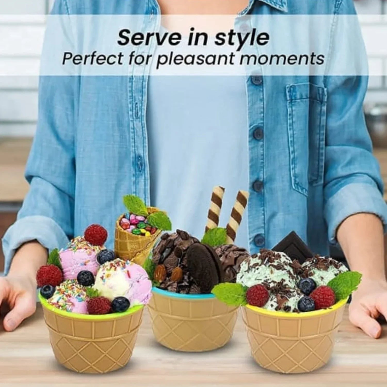 5320 Ice-cream Waffle Spoon Bowel Cup Set Premium Ice Cream Set Ice-cream Bowel With Spoon 2pc Couple Bowl Set - Zidbik