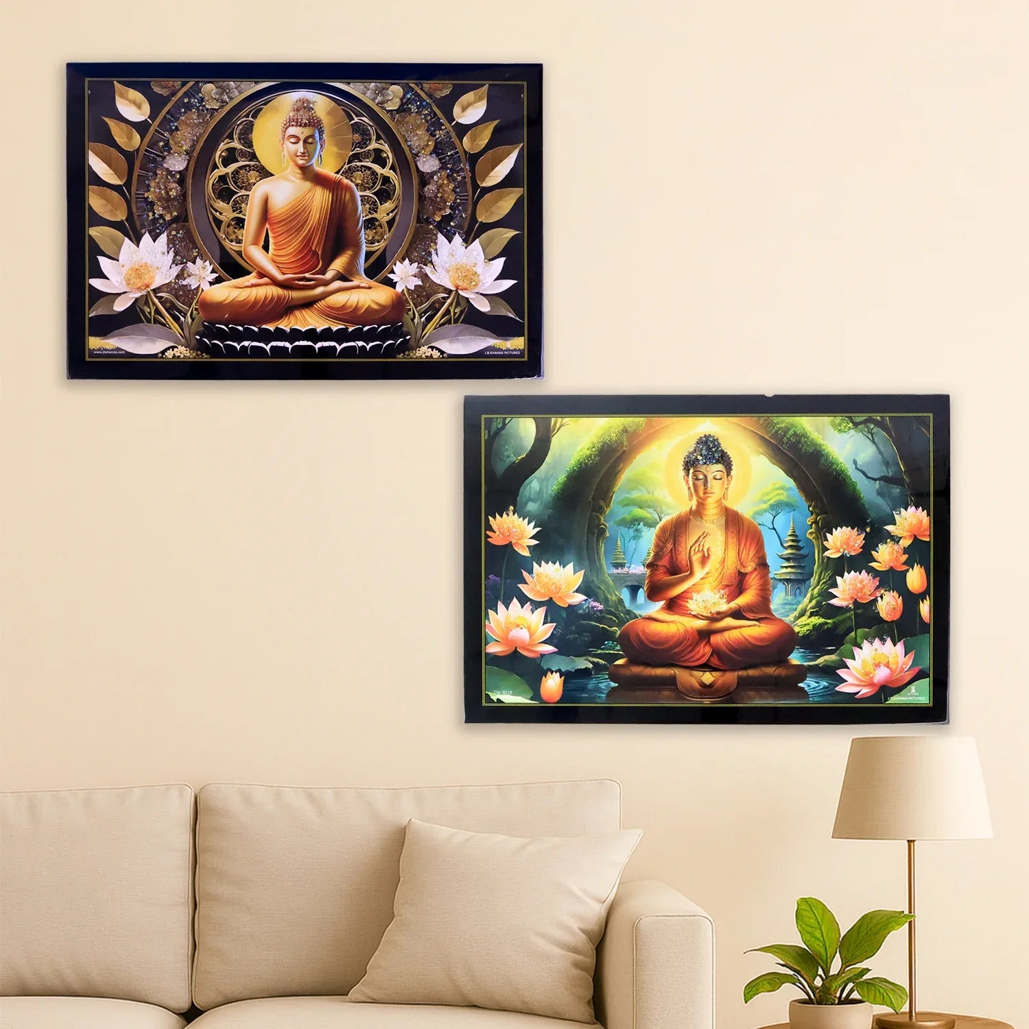 Decorative Lord Buddha Wall Painting With Wooden Frame Mix Design 45x30 Cm Approx (1 Pc) - Zidbik