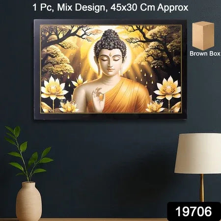 Decorative Lord Buddha Wall Painting With Wooden Frame Mix Design 45x30 Cm Approx (1 Pc) - Zidbik