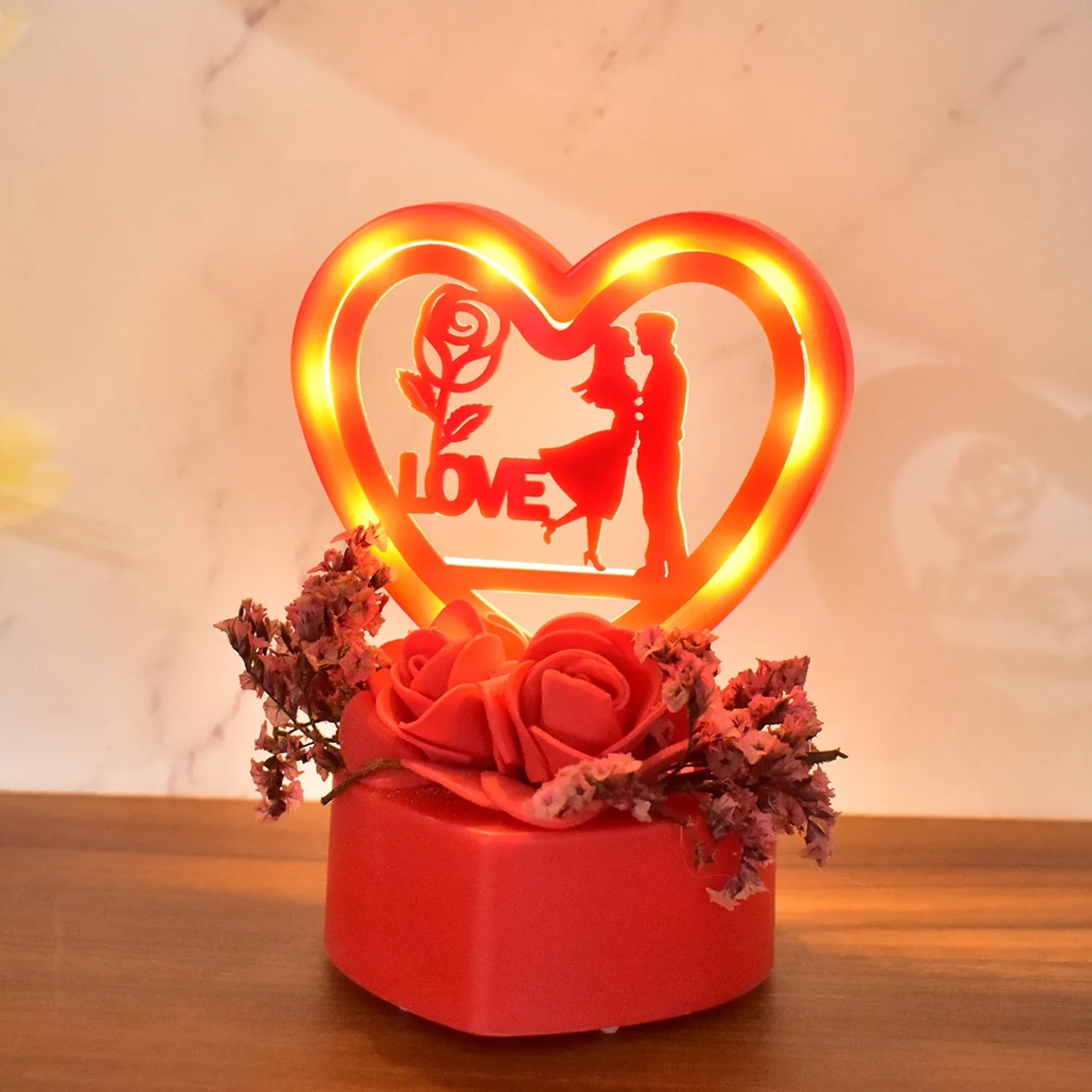 Romantic Heart-shaped Love Couple Decorative Showpiece With Rose Base (1 Pc) - Zidbik