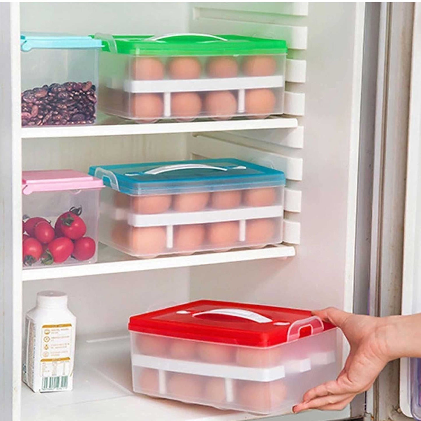 5725 2layer 32 Grid Egg Tray With Lid Egg Carrier Holder For Refrigerator Camping Food Storage Container With Handle (1 Pc ) - Zidbik