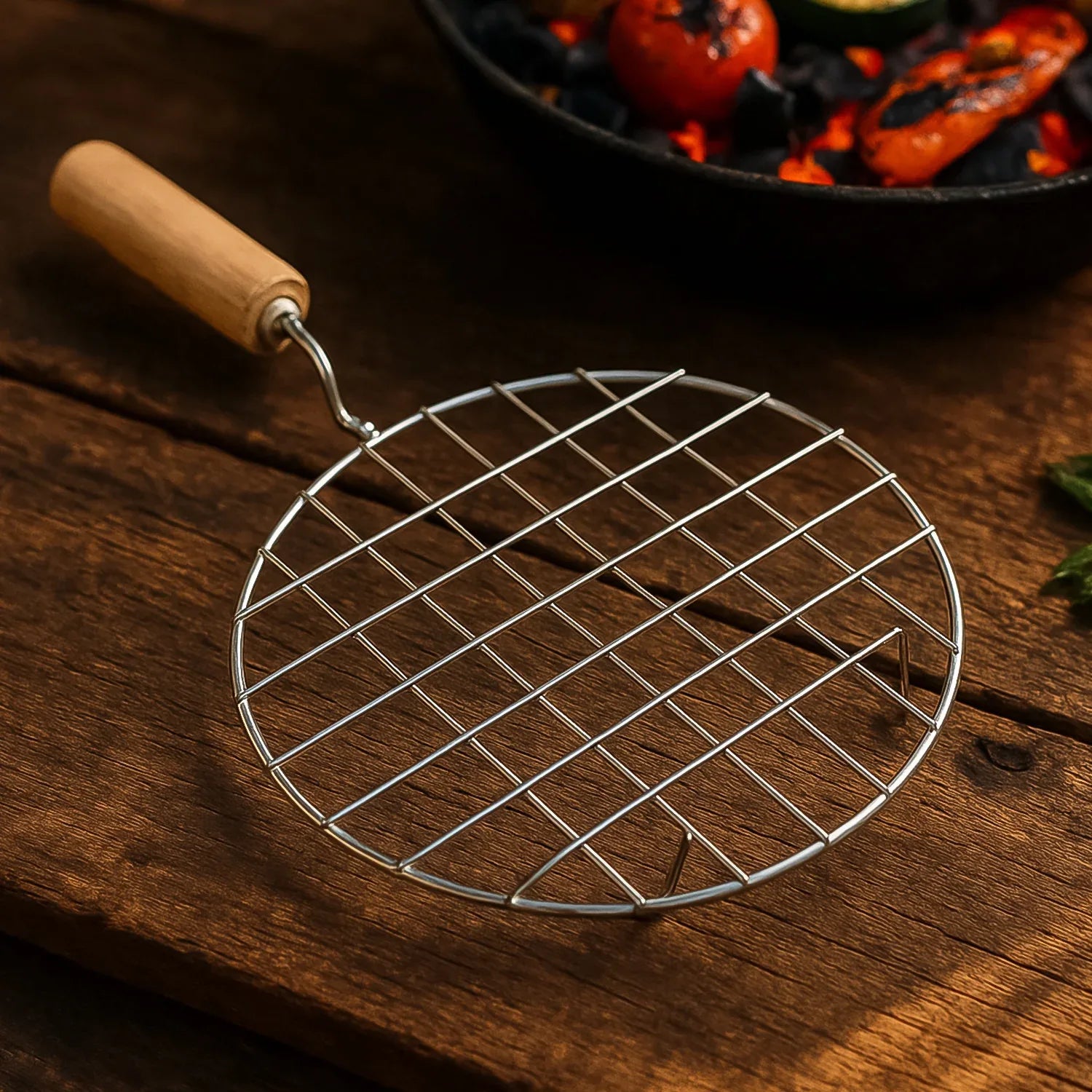 2085 Kitchen Round Stainless Steel Roaster Papad Jali Barbecue Grill With Wooden Handle - Zidbik