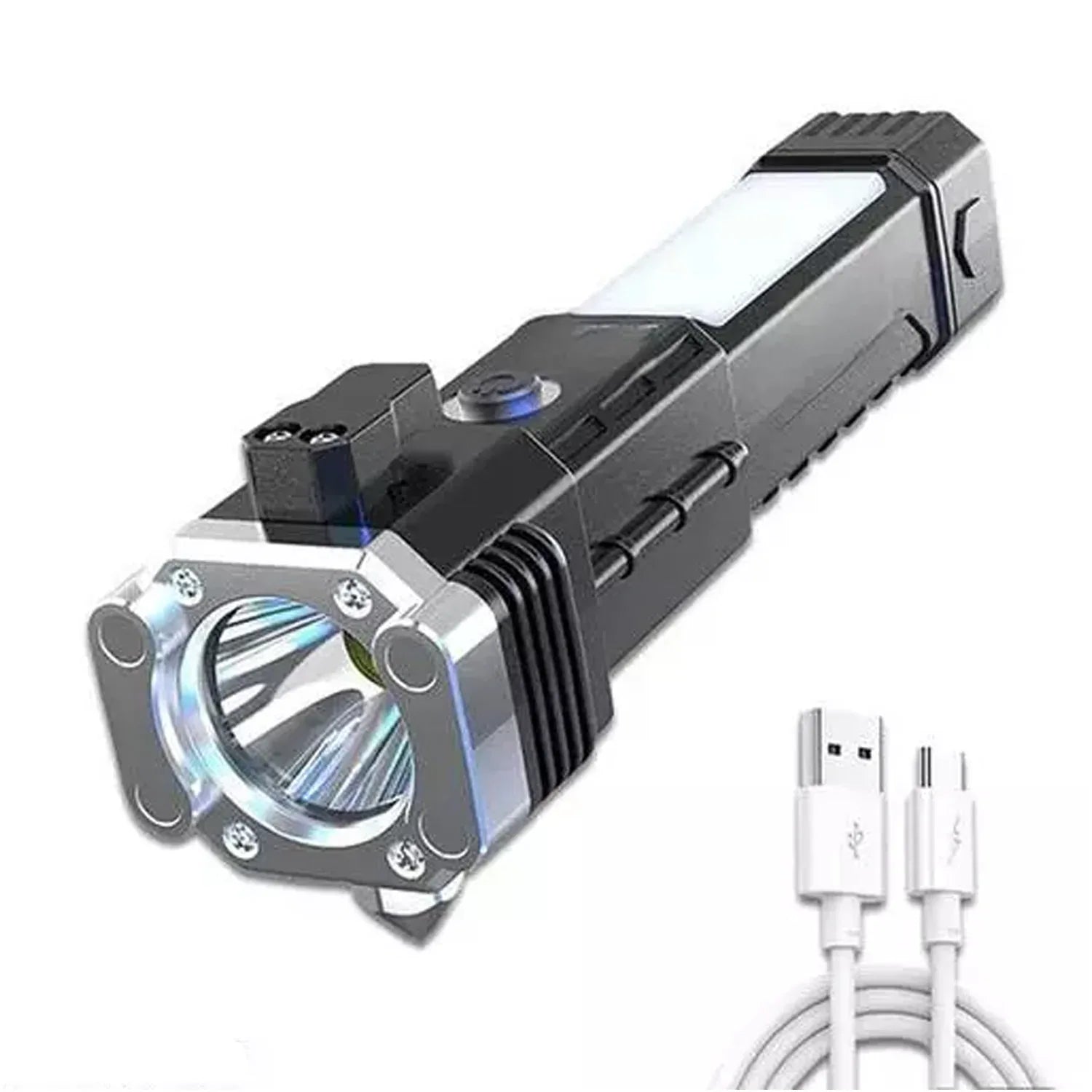 1524 Portable 3w Rechargeable Torch Led Flashlight Long Distance Beam Range Hammer And Strong Magnets Window Glass And Seat Belt Cutter 4 Modes For Car Camping Hiking Indoor Outdoor - Zidbik
