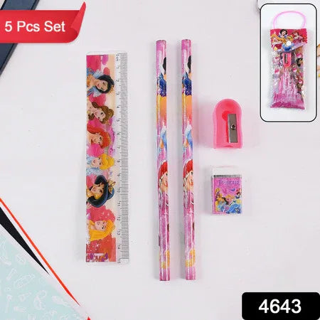 4643 Mix Design Cartoon Wooden Pencil Set Stationary Set 5 In 1 Items Educational Item For School Going Kids Stationary Set For Girls Boysstationary For Schoolgift Pack For Girls Kidsbirthday Gift Kids (5 Pc Set ) - Zidbik