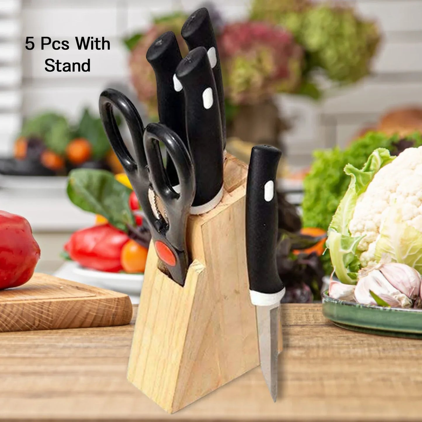 Kitchen Knife Set With Wooden Block And Scissors (5 Pcs Black) - Zidbik