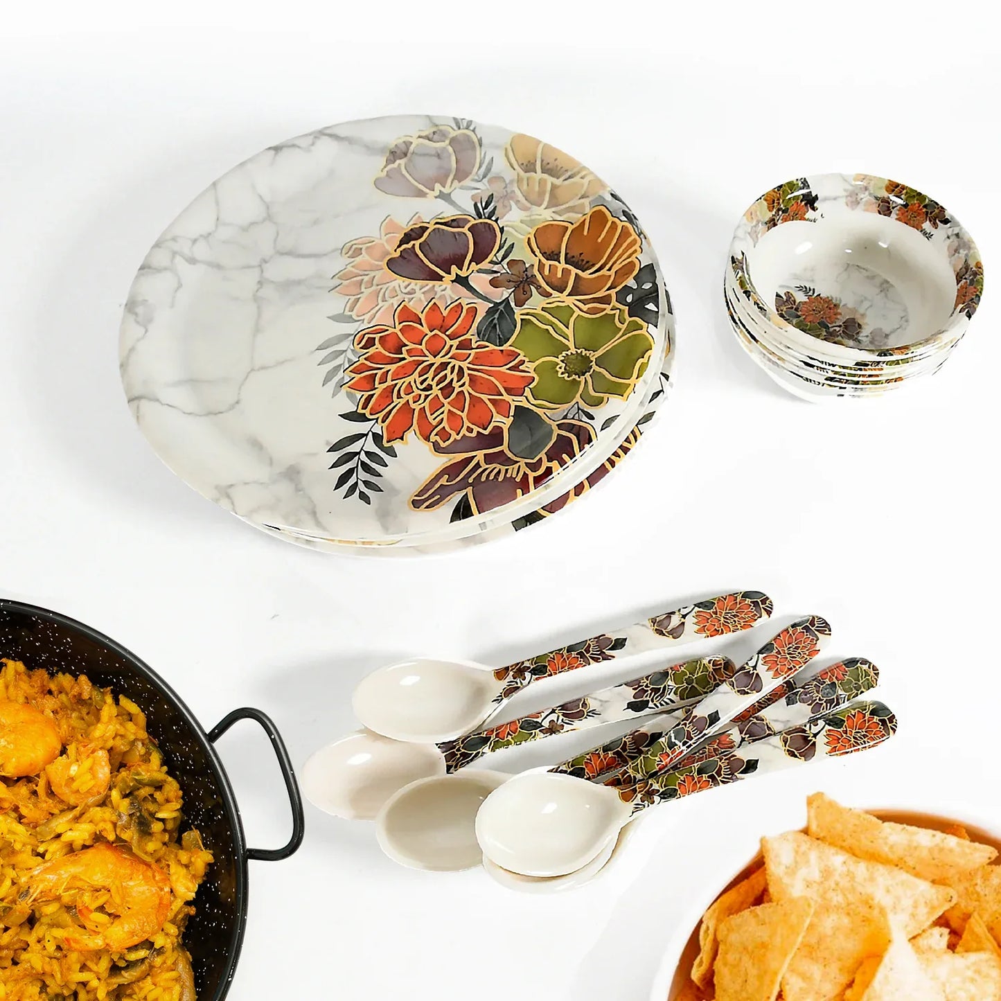 8231 Dream High Quality Plastic Dinning Dinner Set With Unique Flower Design Printed 6 Pc Plates 6 Pc Bowls And 6 Pc Serving Spoon Lightweight Round Plates And Bowls Microwave And Dishwasher Safe (18 Pcs Set) - Zidbik