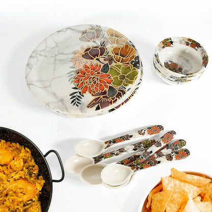 8231 Dream High Quality Plastic Dinning Dinner Set With Unique Flower Design Printed 6 Pc Plates 6 Pc Bowls And 6 Pc Serving Spoon Lightweight Round Plates And Bowls Microwave And Dishwasher Safe (18 Pcs Set) - Zidbik