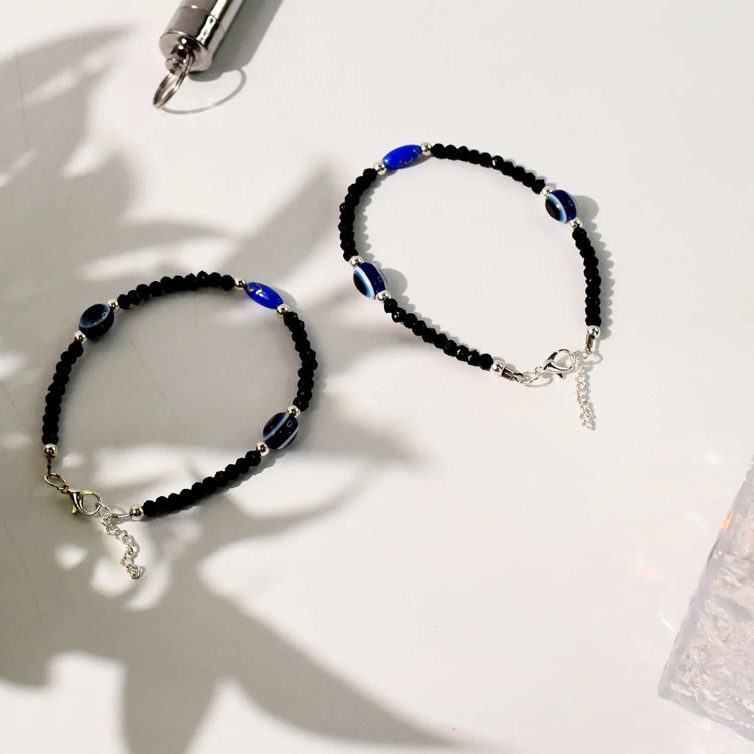 Adjustable Black Bead Evil Eye Protection Bracelet Set (2 Pc) - Zidbik