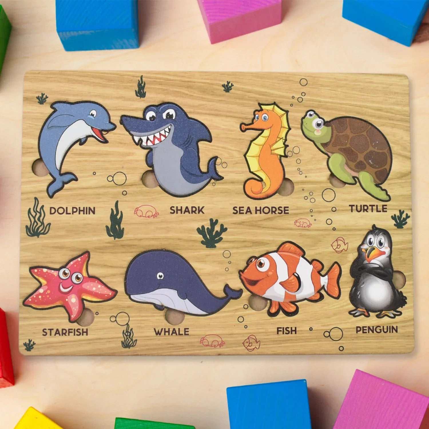 Seawater Animal Wooden Puzzle Learning Educational Board (1 Set) - Zidbik