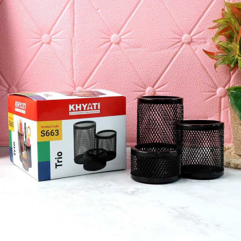 Khyati Trio Metal Mesh Pen Stand 3-in-1 Round Desk Organizer Set - Zidbik