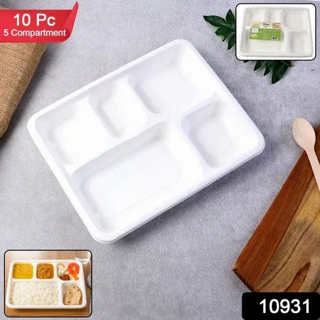 5-compartment Rectangle Lunch Compostable Bagasse Plate 10 Pcs Pack - Zidbik