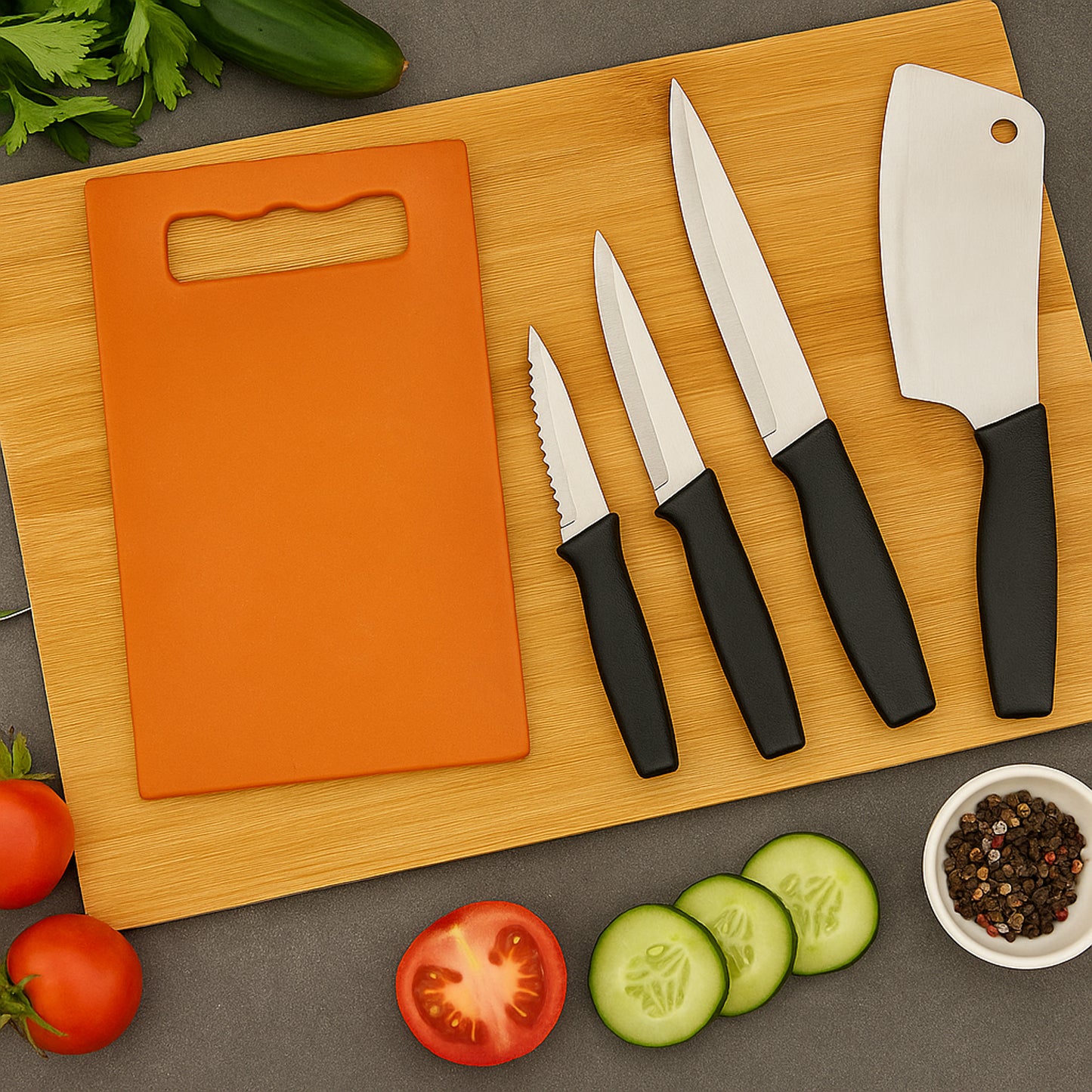 Chopping Board With Knife Set (Pack Of 5) - Zidbik