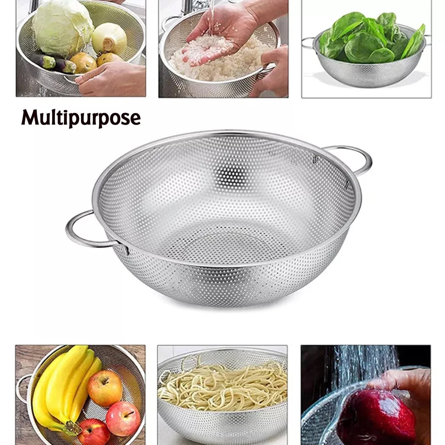 5754 Stainless Steel Colander With Handle Large Metal Mesh Basket Strainer For Pasta Spaghetti Berry Veggies Fruits  Kitchen Food Colander Dishwasher Safe (1 Pc  25.5 Cm) - Zidbik