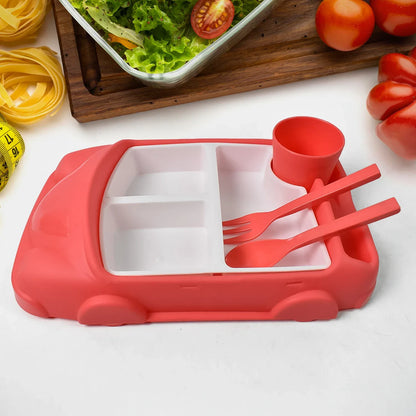 Kids Car Shaped Plates Cup Lunch Box Dinnerware Set (4 Pcs Set 1000 Ml Lunch Box) - Zidbik