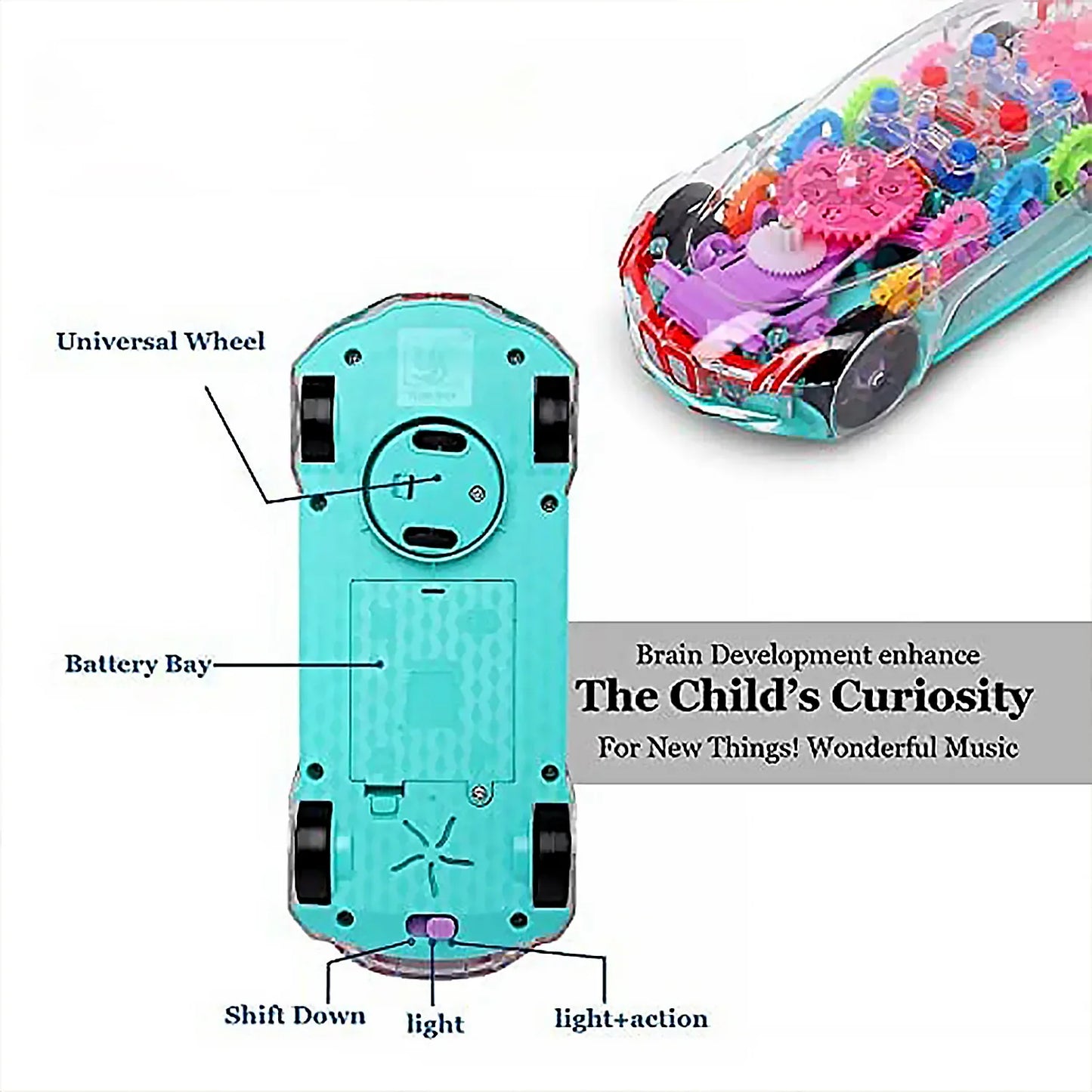 17793 Automatic 360 Degree Rotating Transparent Gear Concept Car With Musical And 3d Flashing Lights Toy For Kids Boys Girls (Multicolor Battery Not Included) - Zidbik