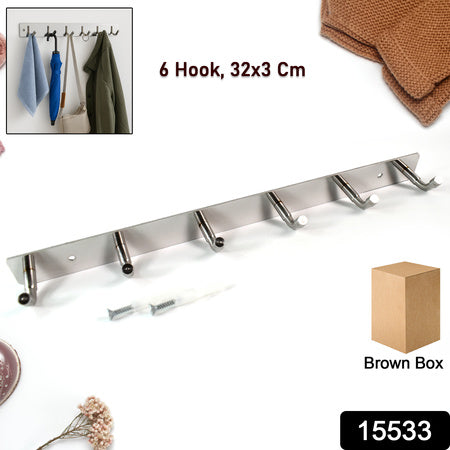 Stainless Steel Wall Mounted Coat 6 Hook Rack (32x3  1pc) - Zidbik