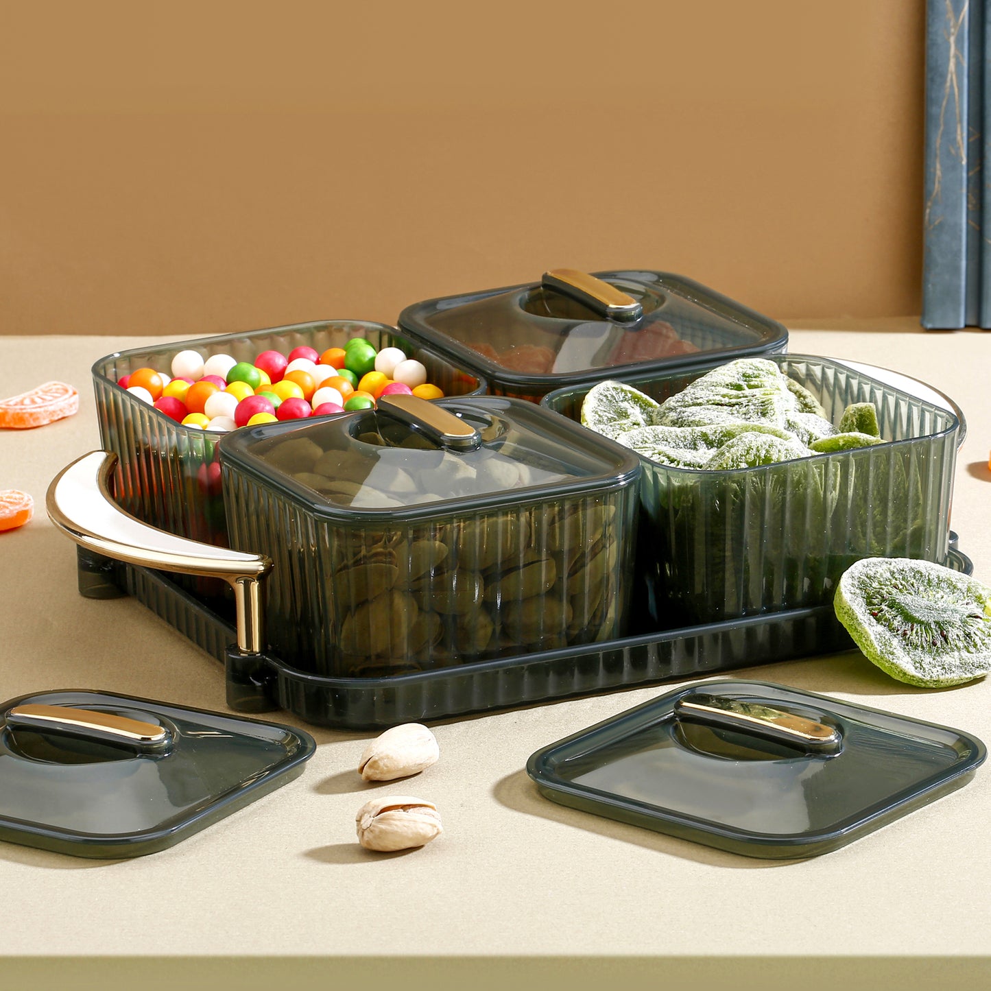 Delight 4-Piece Dryfruit Storage Box with Tray – Airtight Transparent Containers for Snacks & Sweets - Zidbik