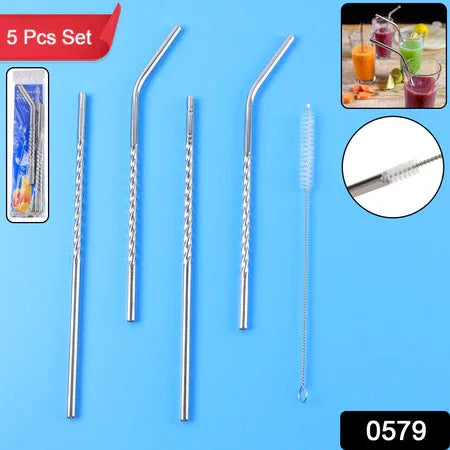 579 Set Of 4 Stainless Steel Straws Brush (2 Straight Straws 2 Bent Straws 1 Brush) - Zidbik