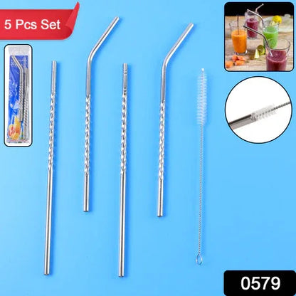 579 Set Of 4 Stainless Steel Straws Brush (2 Straight Straws 2 Bent Straws 1 Brush) - Zidbik
