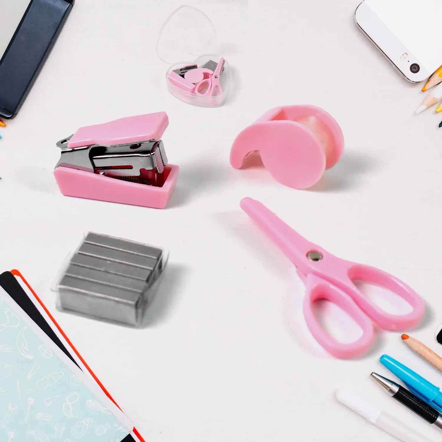 4143 Mini Office Stationery Set Including Stapler Scissors Paper Clips Tape Dispenser Transparent Tape And Staples - Zidbik