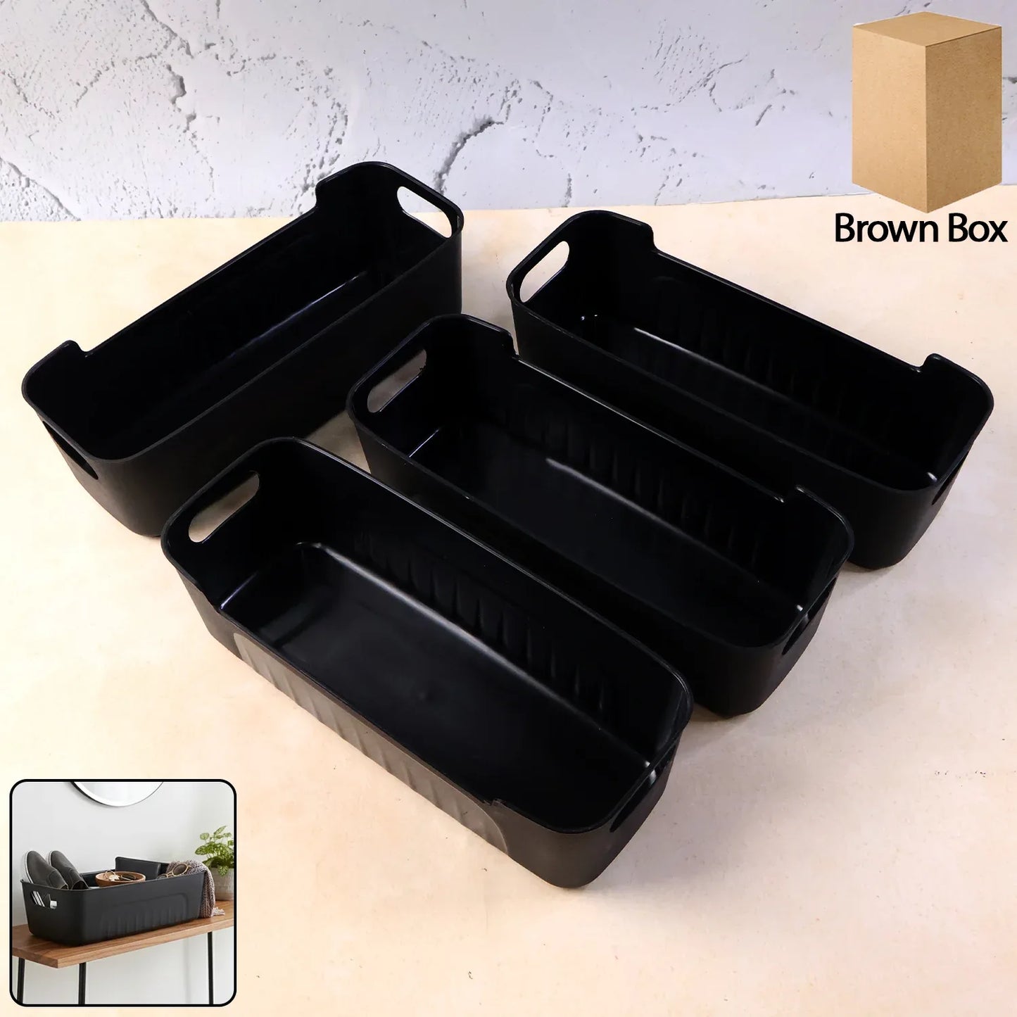Black Plastic Storage Basket Tray Set (4 Pcs) - Zidbik