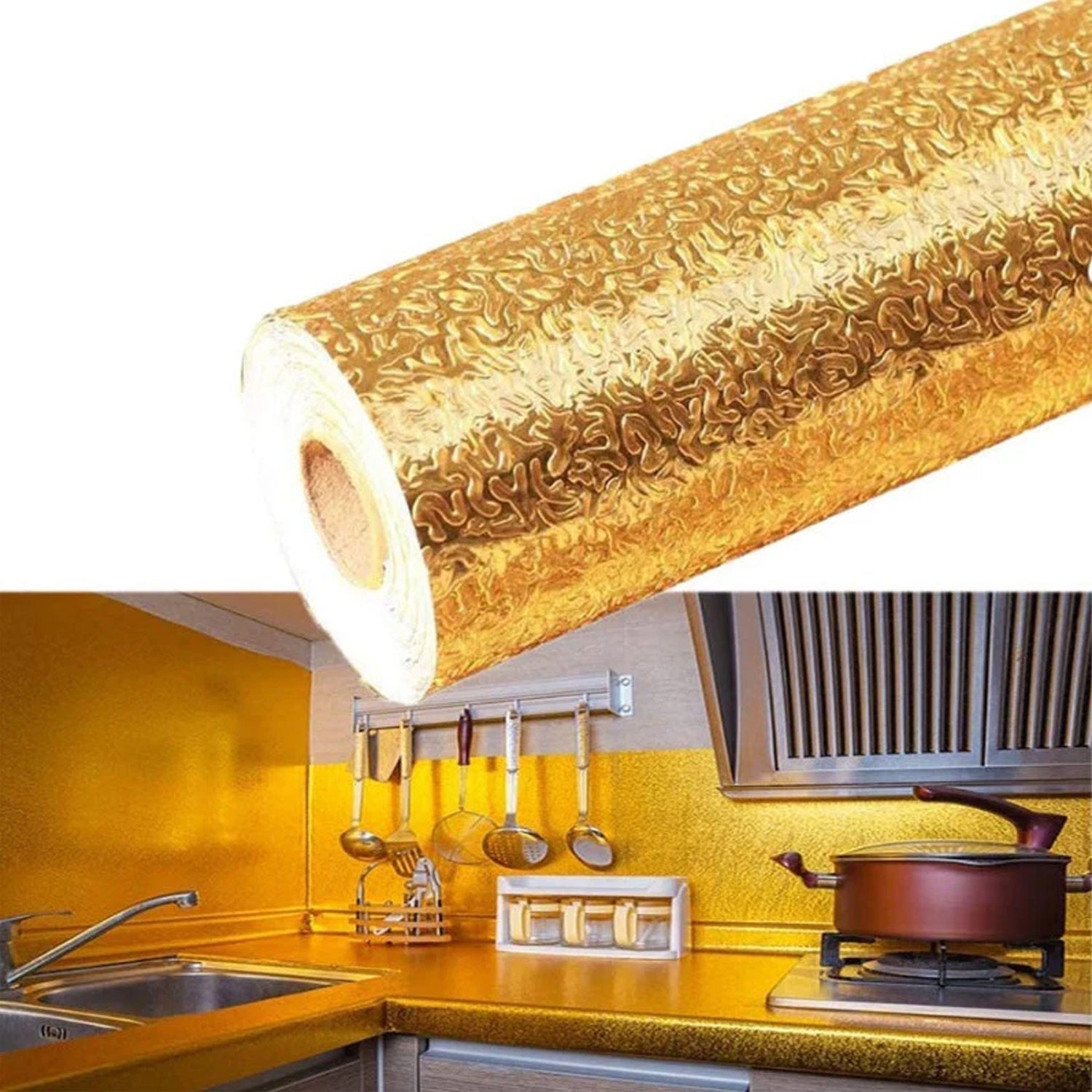 Oil Proof Sticker Waterproof Self Adhesive Aluminum Foil Wallpaper (60 Cm2m  Golden  1 Pc) - Zidbik