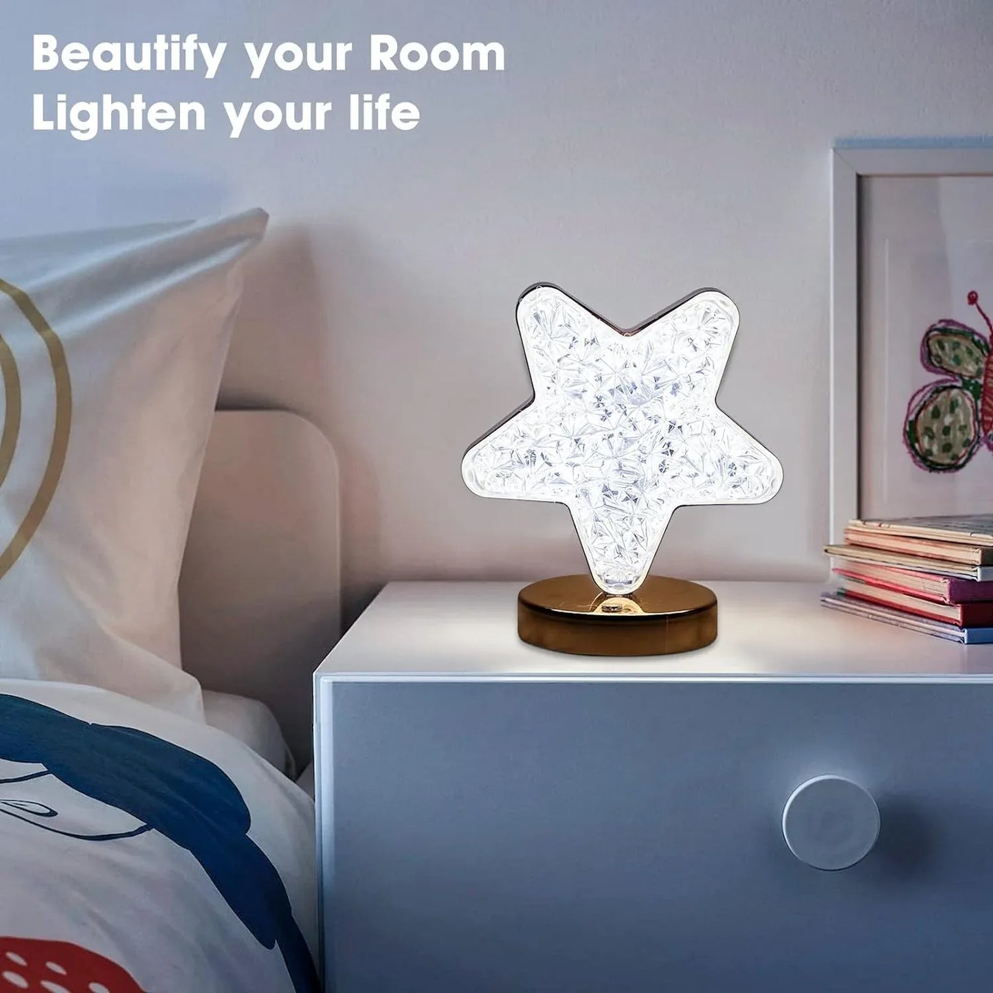 12571 Star Shape Crystal Diamond Lamp Cordless Luxury Lamp With Usb Rechargeable 3-way Dimmable Touch Control Decorative Nightstand Lamp For Bedroom Living Room Party Restaurant Decor (1 Pc ) - Zidbik
