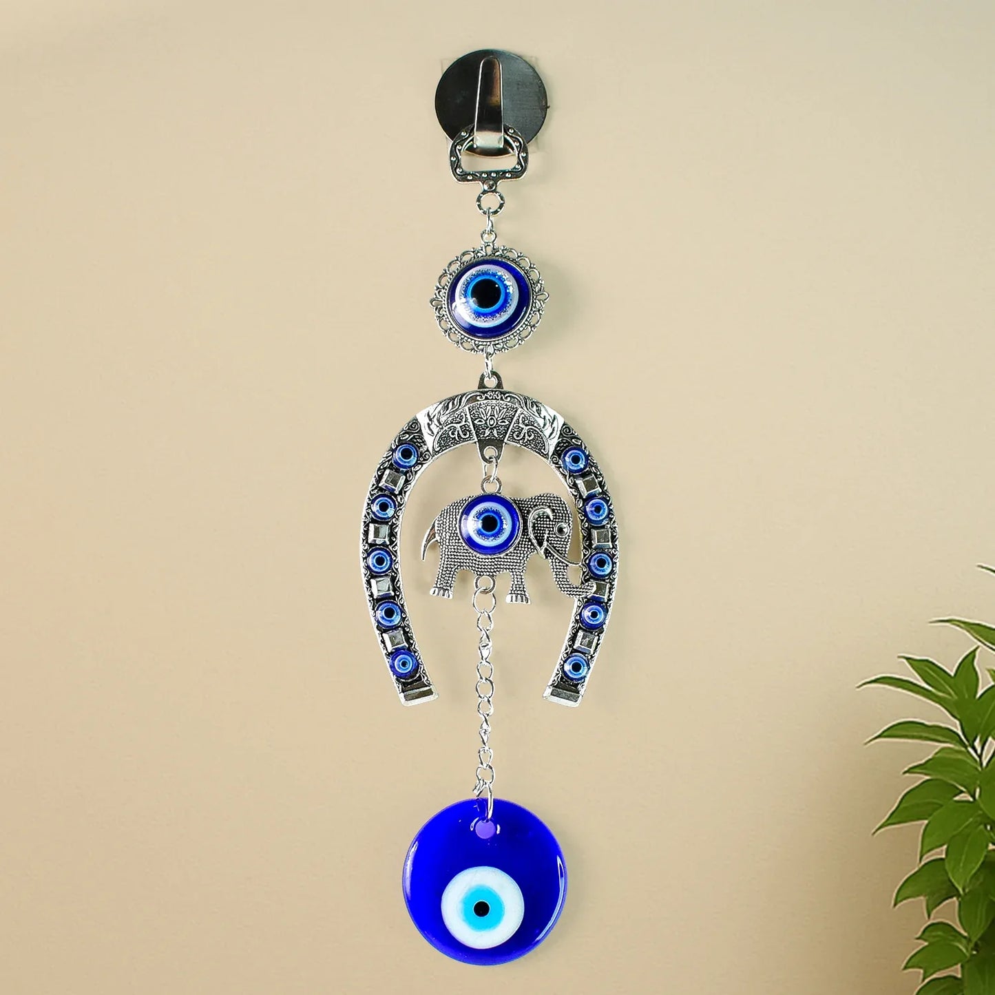 Decorative Evil Eye Hanging With Elephant And Horseshoe Motif Wind Chime (1 Pc) - Zidbik