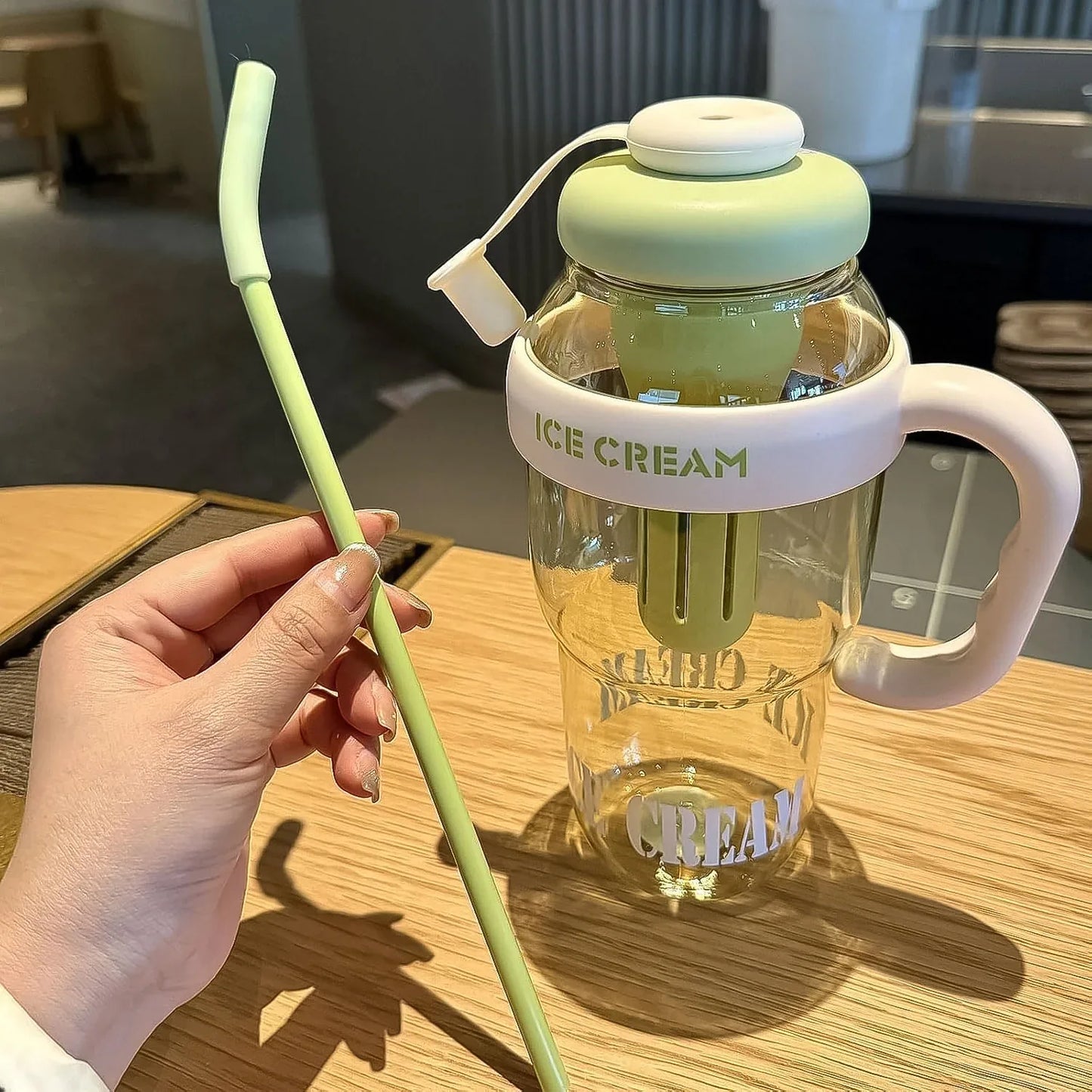 Approx 1300ml Large Capacity Cute Ice Cream Themed Water Bottle With Handle Straw Fruit Infuser Leakproof Sipper For Kids Adults - Zidbik