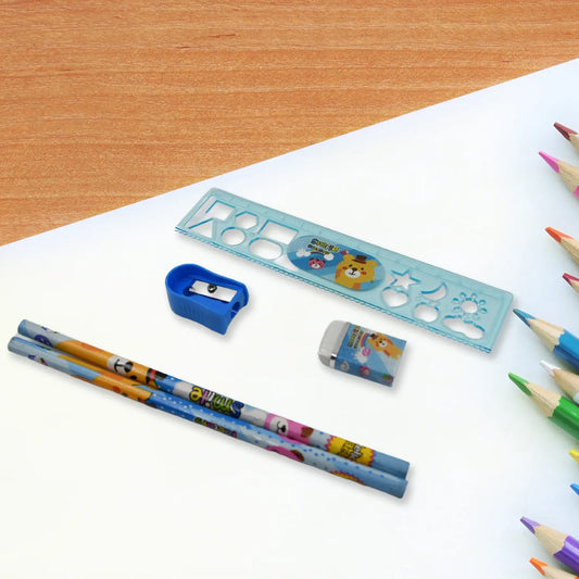 17578 Stationery Kit For Kids - Stationery Set Includes Wooden Pencil Sharpener Pencil And Eraser Set Birthday Return Gift For Kids Boys Girls 2 Pencil 1 Scale 1 Notebook1 Sharpener 1 Eraser With Zip Bag (6 Pcs Set) - Zidbik