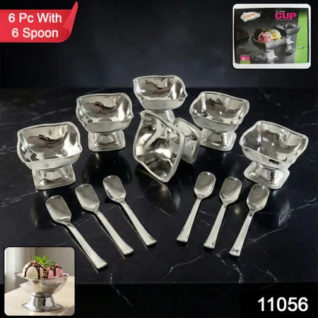 Premium Stainless Steel Ice Cream Cup With 6 Spoon Set (6 Pc Set) - Zidbik