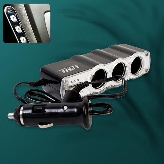 Triple 3 Way Car 12v Lighter Socket Splitter Usb Charger Power Adapter - Zidbik