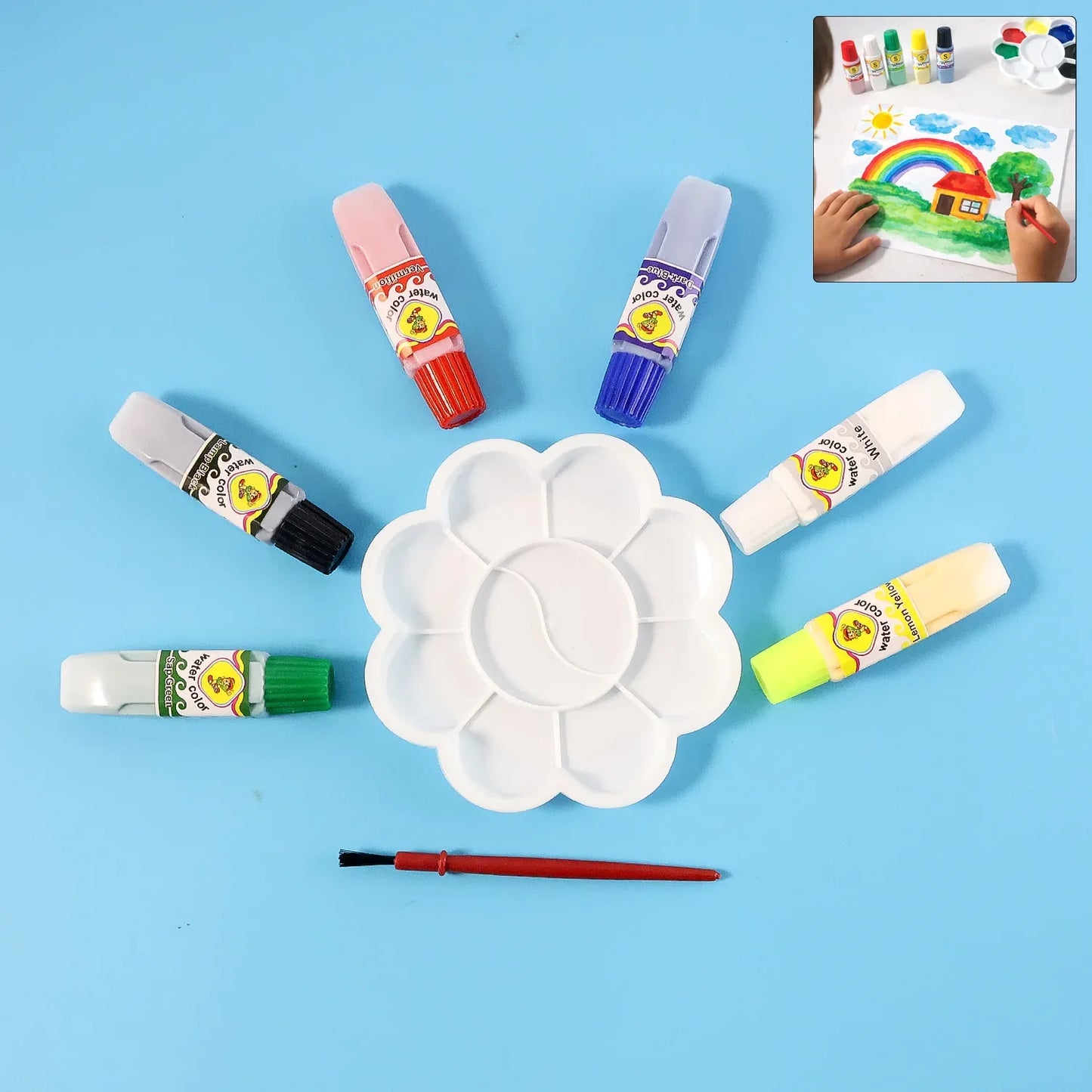 Kids Water Colour Painting Set With Brush Mixing Palette (1 Set) - Zidbik