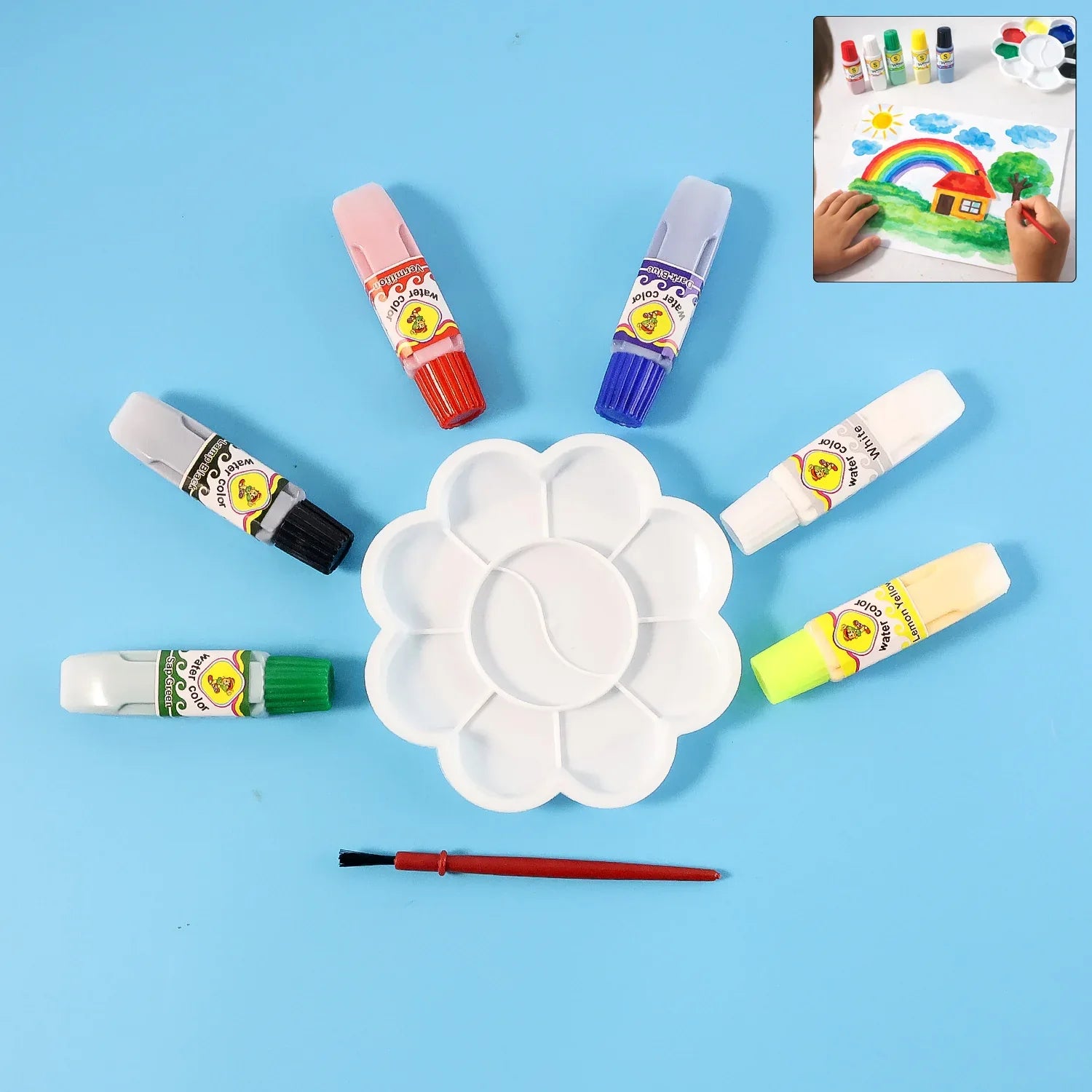Kids Water Colour Painting Set With Brush Mixing Palette (1 Set) - Zidbik