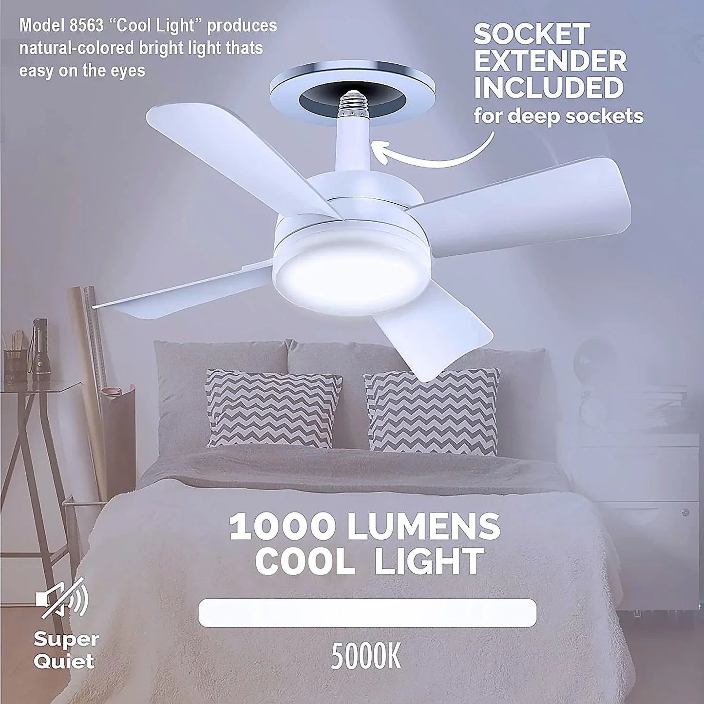 17845 Socket Fan Light Original - Cool Light Led Ceiling Fans With Lights And Remote Control Replacement For Lightbulb - Bedroom Kitchen Living Room1000 Lumens 5000 Kelvins Cool Leds (Remote Battery Not Included) - Zidbik