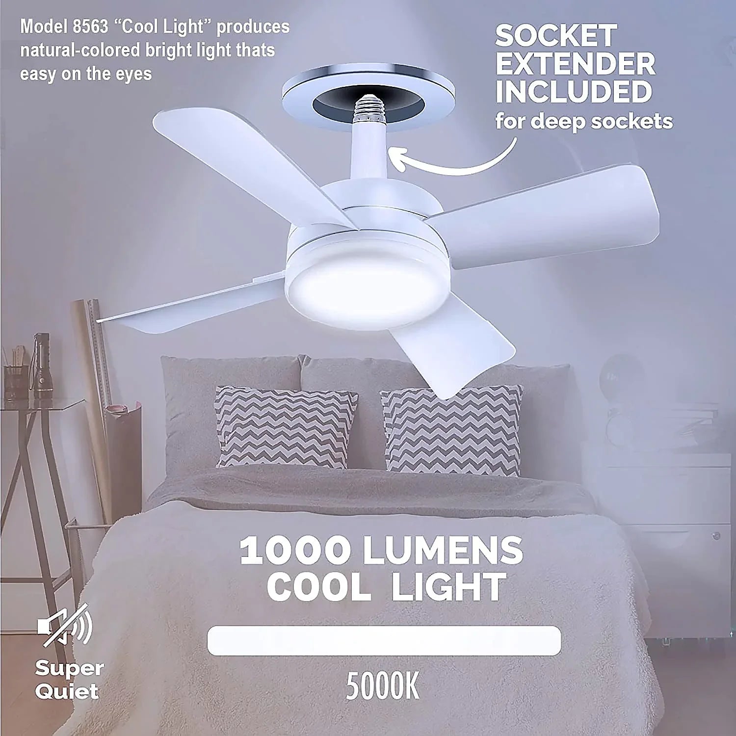 17845 Socket Fan Light Original - Cool Light Led Ceiling Fans With Lights And Remote Control Replacement For Lightbulb - Bedroom Kitchen Living Room1000 Lumens 5000 Kelvins Cool Leds (Remote Battery Not Included) - Zidbik