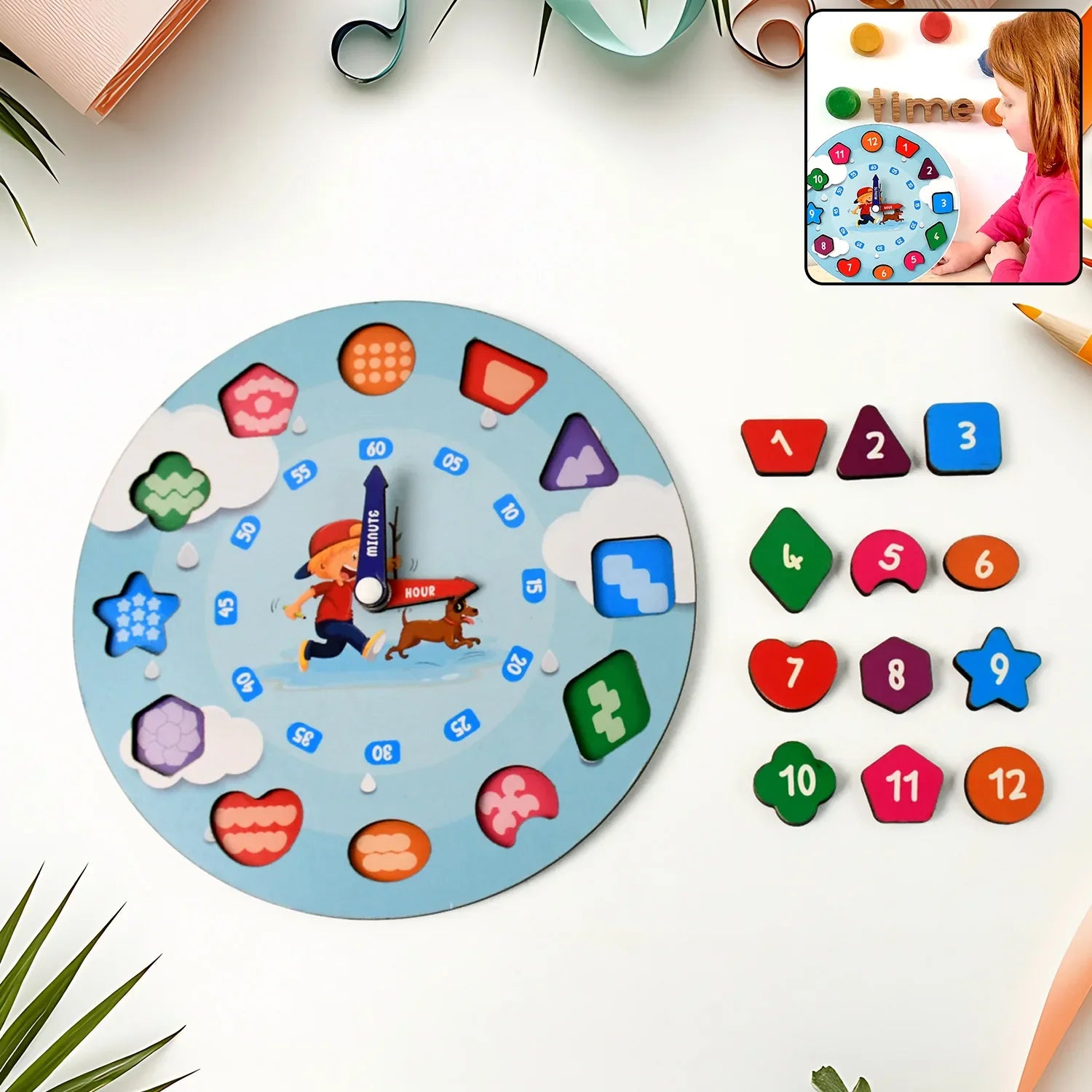 Aditi Wooden Educational Learning Clock Toy With Movable Hands - Zidbik