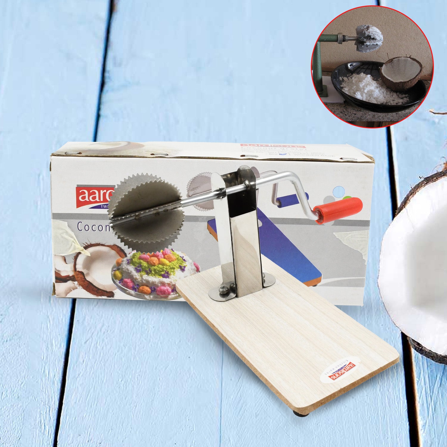 Stainless Steel Coconut Scraper With Wooden Base (1 Pc) - Zidbik