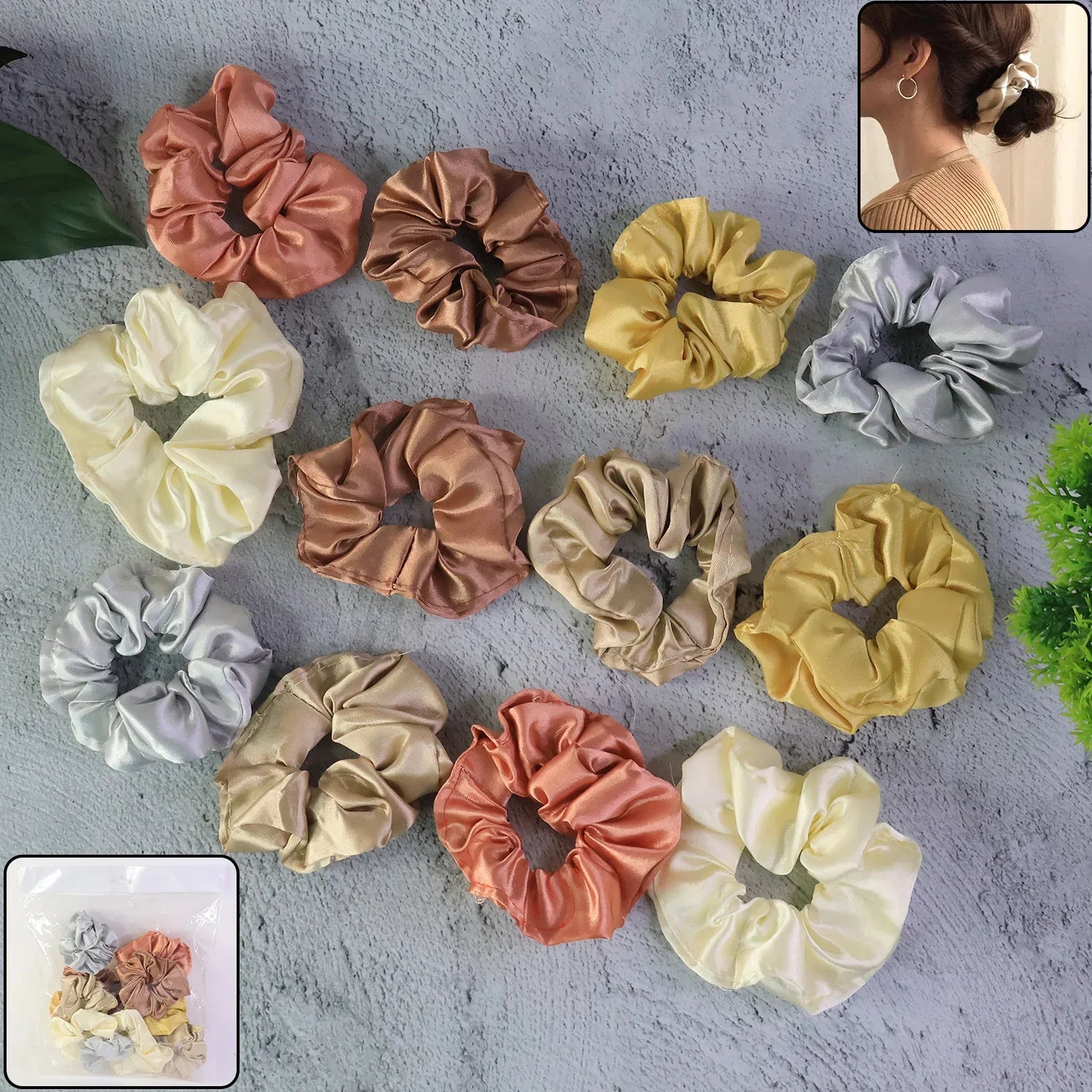 Premium Satin Hair Scrunchies Elastic Hair Ties For Women Girls (12 Pc) - Zidbik