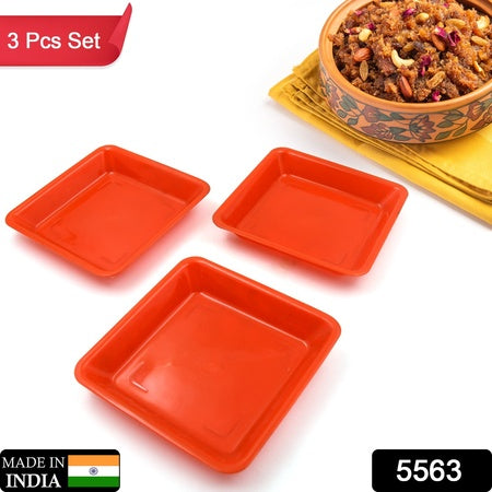 5563 Square Plastic Halwa Dinner Plate Snacks  Breakfast Restaurant Serving Trays Home School Coffee Hotel Kitchen Office (3 Pcs Set) - Zidbik
