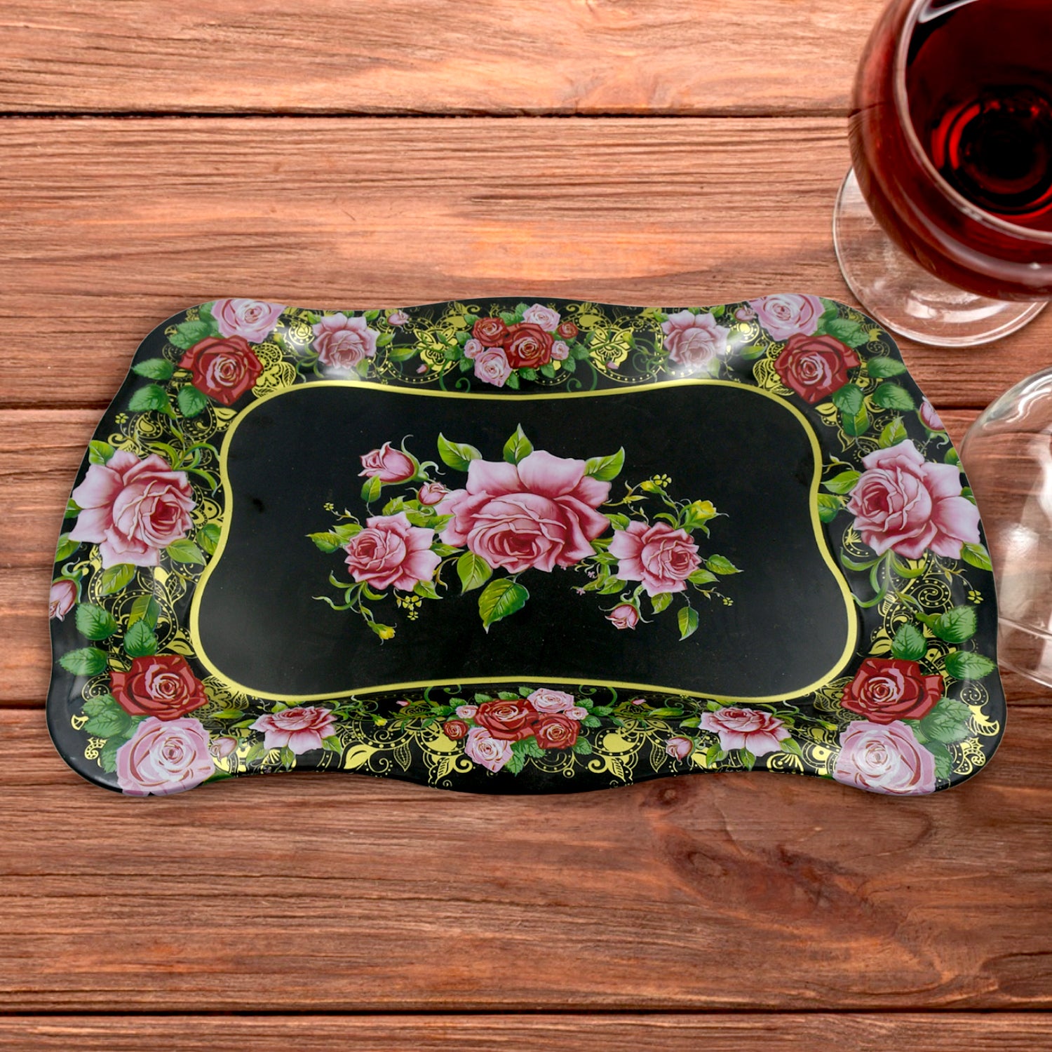 5537 Stainless Steel Serving Tray With Flower Printed Rectangle Premium Dining Table Plate (18 X 8.5 Inch  1 Pc) - Zidbik