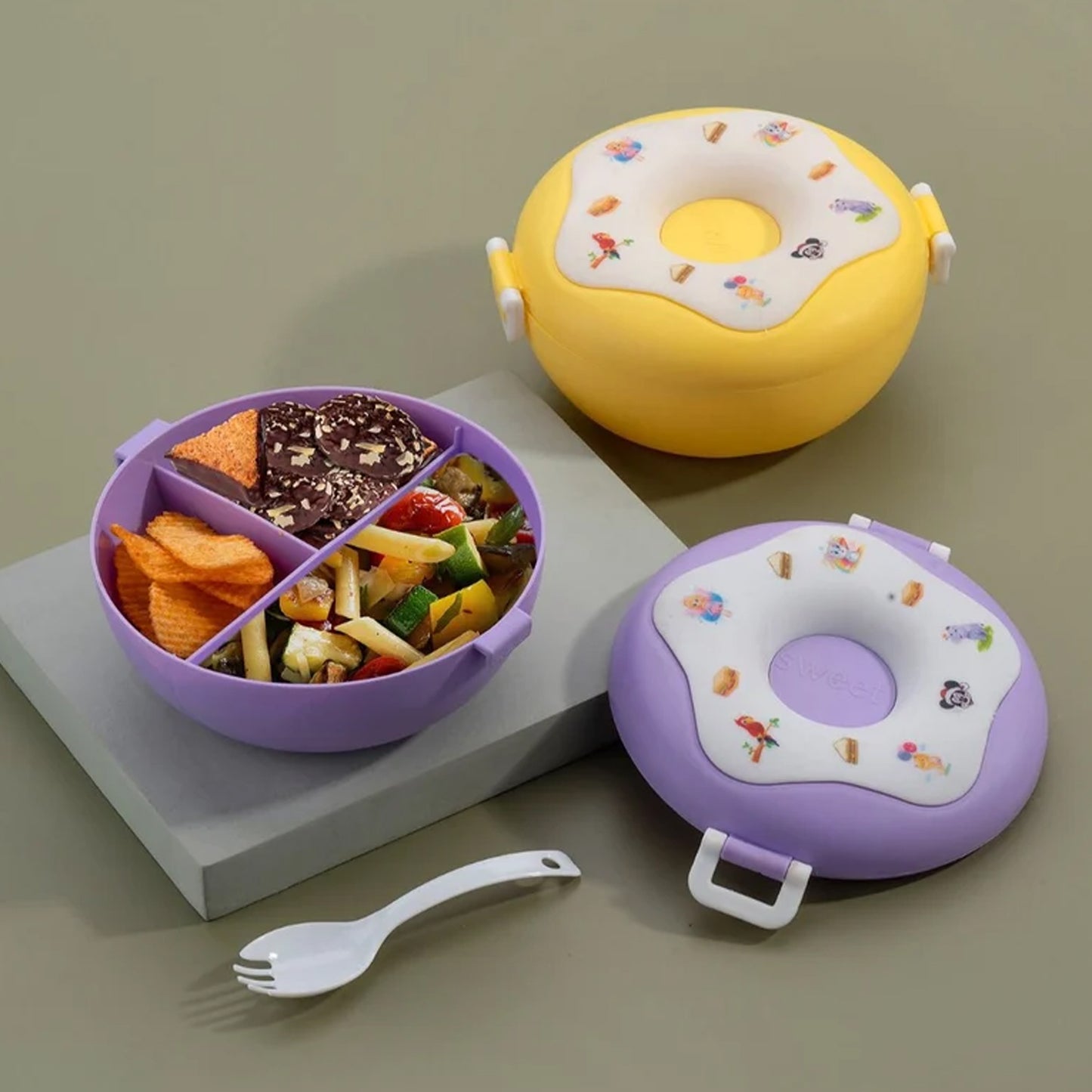 Donut Shaped Double Insulated 3 Compartment Lunch Box (1 Pc  Mix Color) - Zidbik