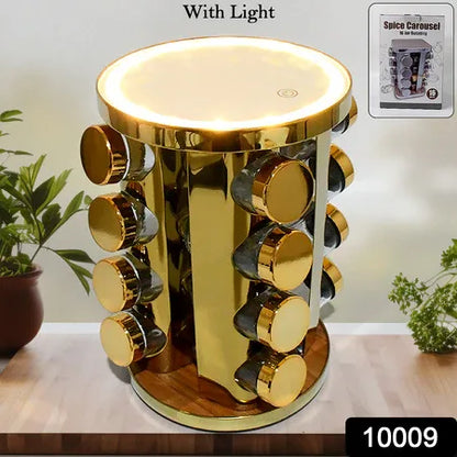 10009 Led Spice Rack Organizer Rotating Spice Rack With Free 16 Seasoning Jars Revolving Tower Organizer Stainless Steel For Kitchen Storage (Golden 16 Pc Moq - 6 Pc) - Zidbik