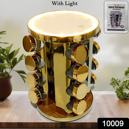 10009 Led Spice Rack Organizer Rotating Spice Rack With Free 16 Seasoning Jars Revolving Tower Organizer Stainless Steel For Kitchen Storage (Golden 16 Pc Moq - 6 Pc) - Zidbik