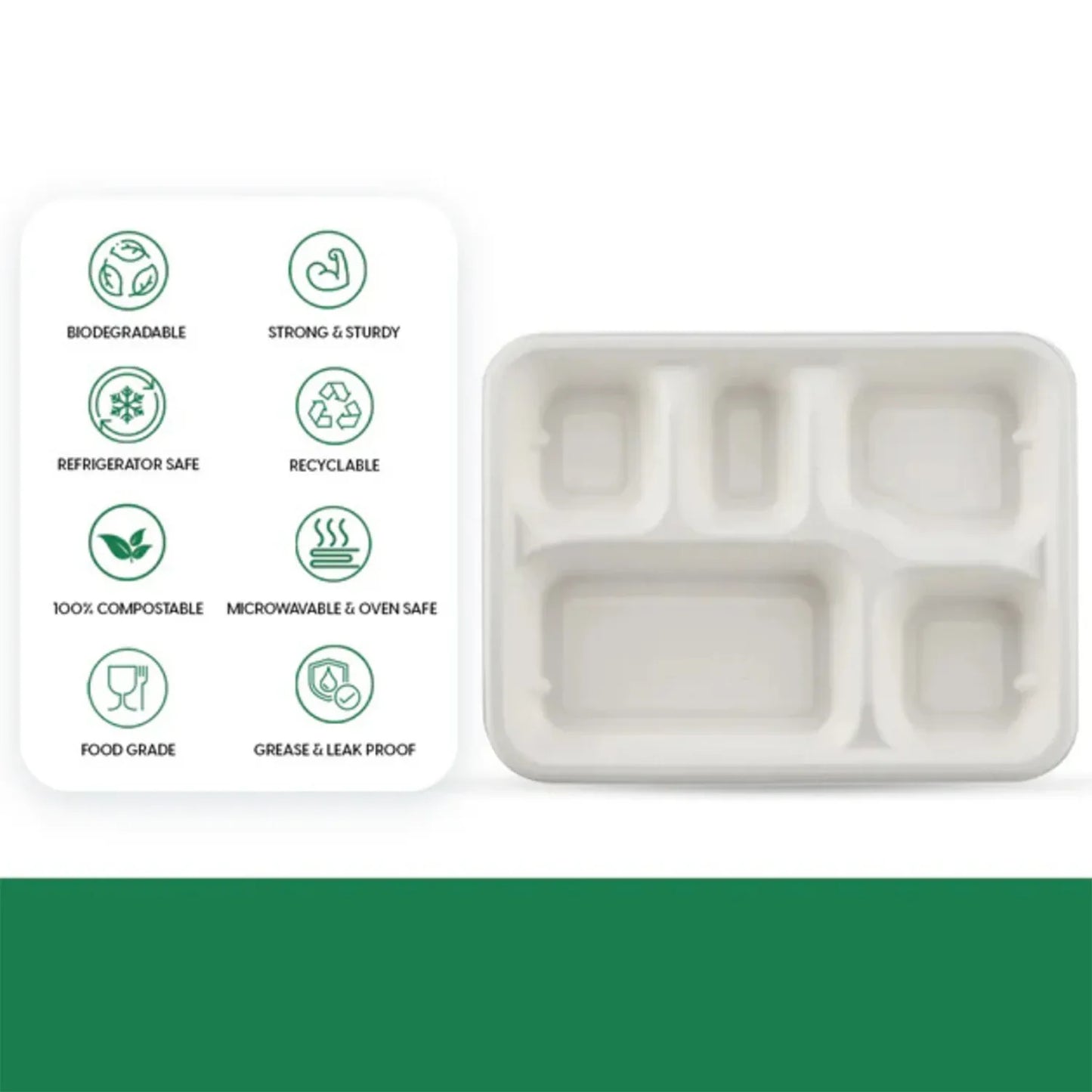 5-compartment Rectangle Lunch Compostable Bagasse Plate 10 Pcs Pack - Zidbik