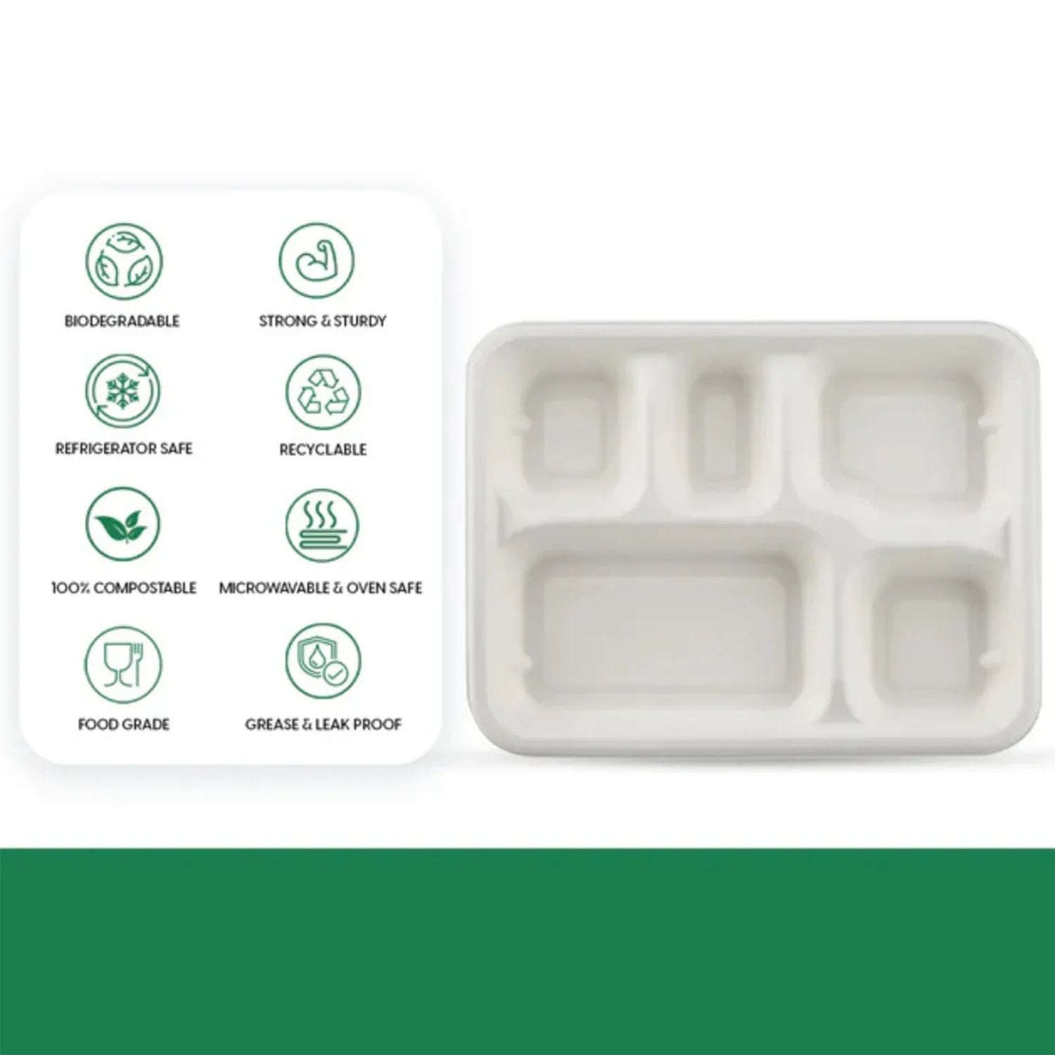 5-compartment Rectangle Lunch Compostable Bagasse Plate 10 Pcs Pack - Zidbik