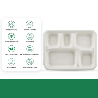 5-compartment Rectangle Lunch Compostable Bagasse Plate 10 Pcs Pack - Zidbik