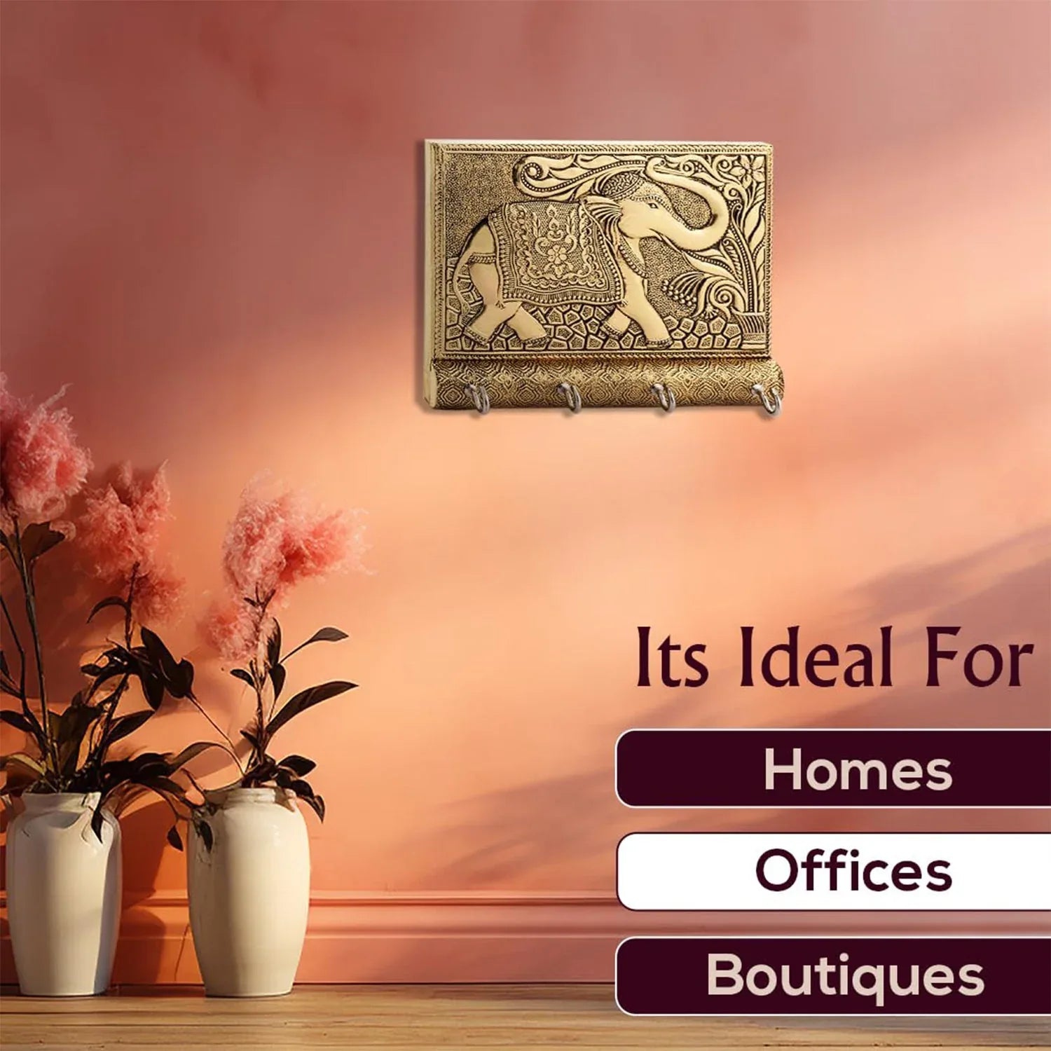 Wooden Key Holder For Home Decor Stylish Metal Gold Antique Elephant Design (1 Pc) - Zidbik